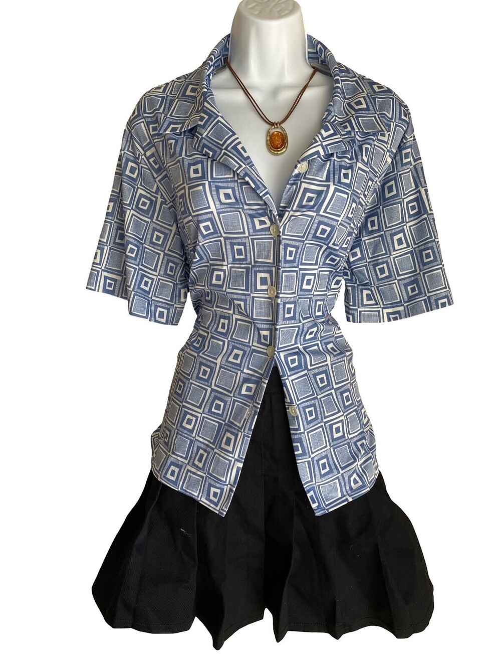 Vintage Blair Plus XL Blue Geometric Short Sleeve Button Up Blouse Officecore